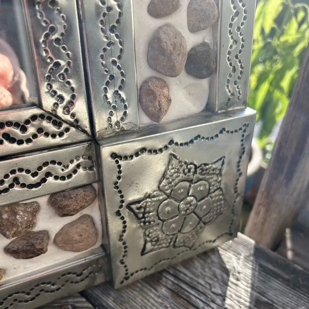 Mexican Tin Mirror Handcrafted - Rocks & Flowers 29" x 25" - Picture 8 of 16